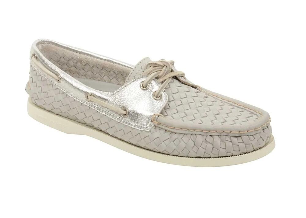 Sperry Leather Woven Boat Shoes 7 Gray Silver Womens Sneakers Flats Nautical